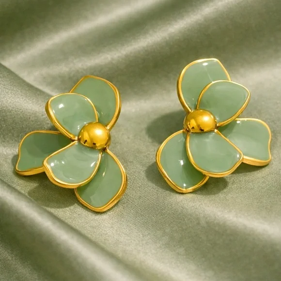 Sage Green Petal Floral Gold Earrings - Picture 6 of 8